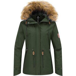Women's Waterproof Army Green Snow Ski Jacket Hooded Coat Snowboarding Fleece